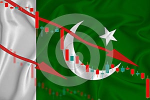 Pakistan flag, the fall of the currency against the background of the flag and stock price fluctuations. Crisis concept with
