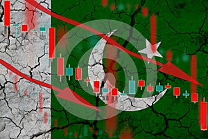 Pakistan flag, the fall of the currency against the background of the flag and stock price fluctuations. Crisis concept with