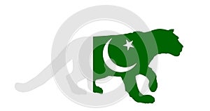 Pakistan flag over Snow leopard national animal vector silhouette illustration isolated on white background