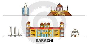 Pakistan, Karachi flat landmarks vector illustration. Pakistan, Karachi line city with famous travel sights, skyline