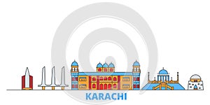 Pakistan, Karachi line cityscape, flat vector. Travel city landmark, oultine illustration, line world icons