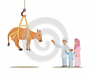 Pakistan Lift Cattle Throught Crane Tradition On Eid Al Adha Celebration Cartoon Illustration Vector