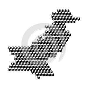 Pakistan map from 3D black cubes isometric abstract concept, square pattern, angular geometric shape. Vector illustration