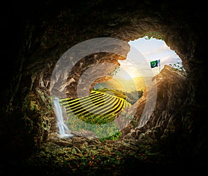 Pakistan Map with Creative a beautiful cave background for Independence Day