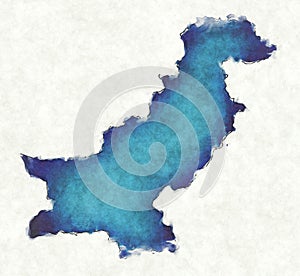 Pakistan map with drawn lines and blue watercolor illustration