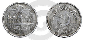 Pakistan two rupees coin on a white isolated background