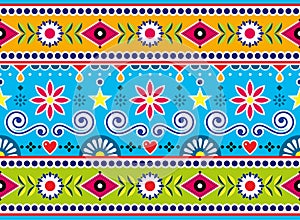 Pakistani and Indian seamless vector pattern, jingle truck art design, vibrant long horizontal ornament with flowers and abstract