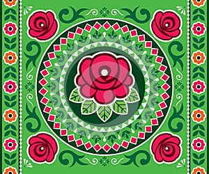 Pakistani and Indian truck art vector seamless pattern or horizontal poster design with roses, floral motif mandala, Diwali vibran