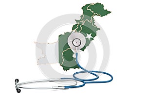 Pakistani map with stethoscope, national health care concept, 3D rendering