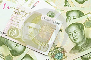 A Pakistani rupee bank note with Chinese one yuan bills
