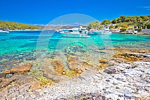 Pakleni Otoci archipelago turquoise beach and yachting bay scenic view