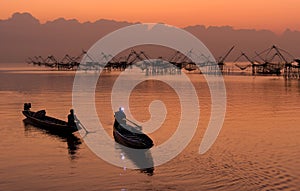 Pakpra with beautiful morning light and sky , the landmark of square fishing dip nets.