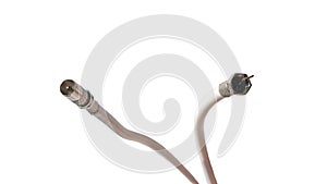 PAL antenna cable, plug, antenna cord, type F, coaxial cable. Antenna and TV cord isolated on white with copy space. Isolated over photo