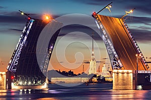 Palace Bridge at sunrise. Moveable bridge. Saint Petersburg