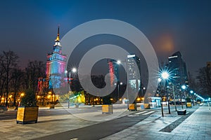 Palace of Culture and Science and downtown with business skyscrapers