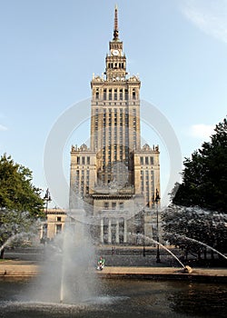 Palace of Culture and Science, `Stalin`s Skyscraper`, built in 1955, view at sunset, Warsaw, Poland