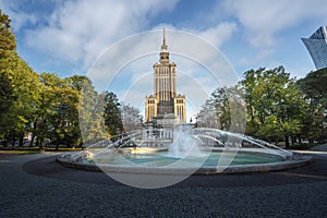 Palace of Culture and Science and Swietokrzyski Park Fountain - Warsaw, Poland