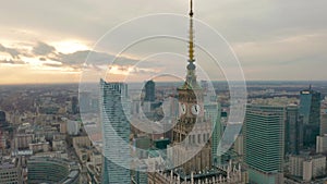 Palace of Culture and Science tower and Warsaw panorama, Poland. Aerial view