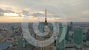 Palace of Culture and Science tower and Warsaw panorama, Poland. Aerial view