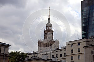 The Palace of Culture and Science of Warsaw in cloudy sky