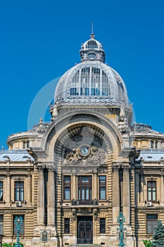 Palace of the Deposits and Consignments building in Bucharest, Romania. CEC Palace on a sunny summer day with a blue sky in