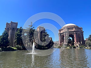 Palace of Fine Arts in San Francisco, California against a blue sky