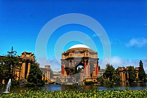 Palace of Fine Arts, situated in a landscape featuring a tranquil lake, San Francisco, USA