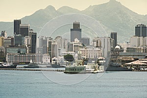 Palace on Ilha Fiscal in the harbour of Rio de Janeiro and downtown skyline at the background, Rio de Janeiro