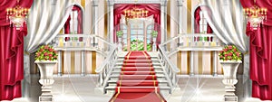 Palace interior background, vector castle hall illustration, marble staircase, medieval luxury ballroom.