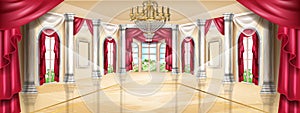 Palace interior vector background, castle hall, classic ballroom illustration, arch window, marble column.