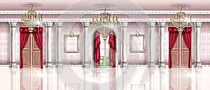 Palace interior vector background, rich vintage ballroom hall, royal luxury baroque room, marble floor.