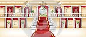 Palace interior, vector castle room background, royal ballroom, arch window, red carpet, marble column.