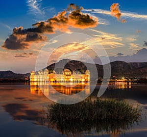 The palace Jal Mahal at night. Jal Mahal (Water Palace) on Man S