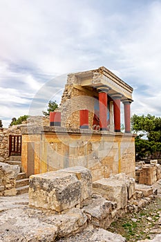 Palace of Minos, restored north entrance, ancient city of Knossos, Heraklion, Crete