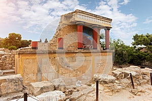 Palace of Minos, restored north entrance, ancient city of Knossos, Heraklion, Crete