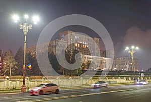 The Palace of Parliament from Bucharest, night photography.