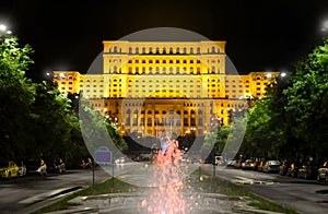 The Palace of the Parliament, Bucharest, Romania.Night view from the Central Square