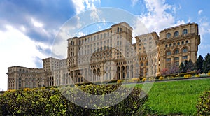 The Palace of the Parliament - Landmark attraction in Bucharest, Romania. Spring landscape