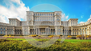 The Palace of the Parliament. Landmark attraction in Bucharest, Romania. Spring landscape