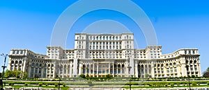 The Palace of the Parliament or People`s House, Bucharest, Romania. Night view from the Central Square.  The Palace was ordered b