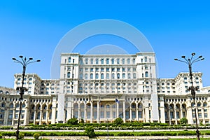 The Palace of the Parliament or People`s House, Bucharest, Romania. Night view from the Central Square.  The Palace was ordered b