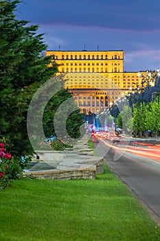 The Palace of the Parliament or People\'s Palace in Bucharest, Romania, by night