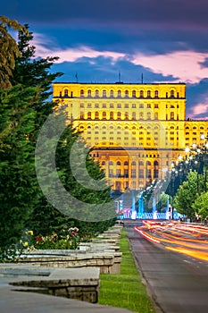 The Palace of the Parliament or People\'s Palace in Bucharest, Romania, by night