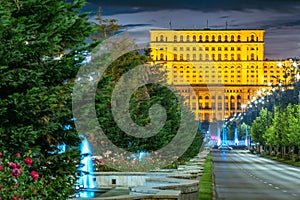 The Palace of the Parliament or People\'s Palace in Bucharest, Romania, by night