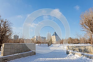 Palace of Peace and Accord. Modern architectural urbanistic city Astana. Futuristic building pyramids on sunny winter