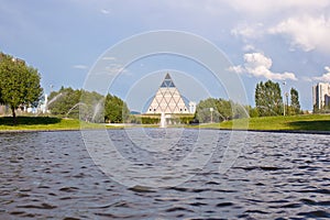 Palace of Peace and Accord - Pyramid (Astana, Kazakhstan) with water on front