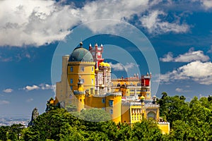 Palace of Pena in Sintra. Lisbon, Portugal. Travel Europe, holidays in Portugal. Panoramic View Of Pena Palace, Sintra, Portugal.