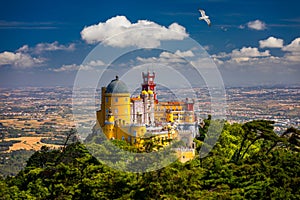 Palace of Pena in Sintra. Lisbon, Portugal. Travel Europe, holidays in Portugal. Panoramic View Of Pena Palace, Sintra, Portugal.