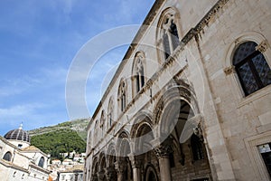 Palace porch and vaulted arcade with Renaissance styled column capitals in the old town of Dubrovnik, Croatia