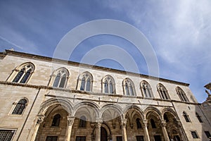 Palace porch and vaulted arcade with Renaissance styled column capitals in the old town of Dubrovnik, Croatia